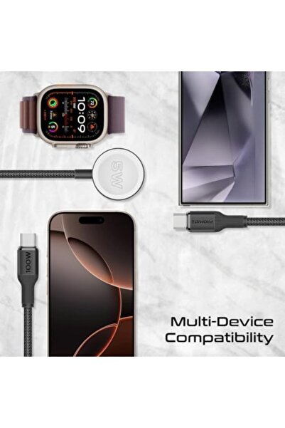 Promate كابل شحن متعدد الأجهزة مع مخرجين USB-C PD100W، شاحن متوافق مع Apple Watch،