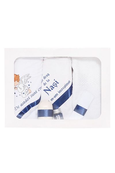 Recostore Set trusou si lumanare cu ingeras botez, alb-bleumarin, 7 piese,REC1750