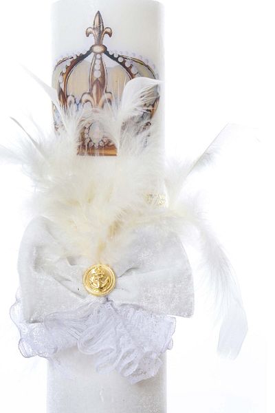 Recostore Lumanare botez catifea alba si coroana, 35 cm, REC2171