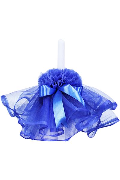 Recostore Lumanare cu funda botez, cu volane din tulle albastru electric, 45x3 cm, REC200