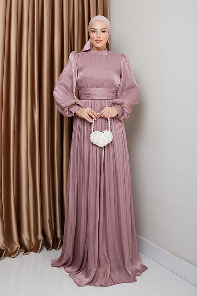 Olcay Gürtel mit Kordelzug Detail Seide Tesettür Abendkleid ROSE 1225