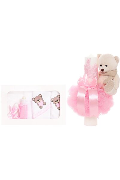 Recostore Σετ βαπτιστικού δώρου και κεριού, αρκουδάκι, λευκό-ροζ, 8 τεμάχια, ...