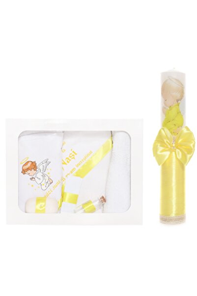 Recostore Set trusou si lumanare cu ingeras botez, alb-galben, 7 piese,REC1749