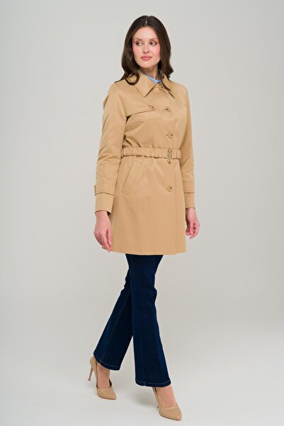 Olcay Kemeri Büzgülü Su İtici Özellikli Astarlı Kısa Trençkot KAMEL 6684