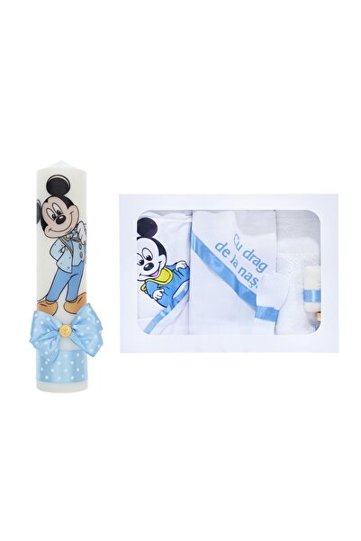 Recostore Set trusou si lumanare botez, Mickey Mouse, 7 piese, Bleu, REC2587