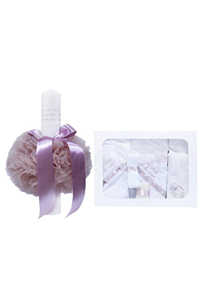 Recostore Set complet botez, lumanare si trusou, alb-roz pudrat, REC350