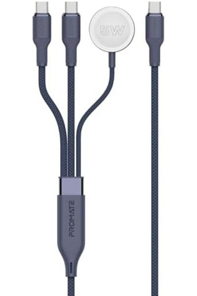 Promate كابل شحن متعدد الأجهزة مع مخرجين USB-C PD100W، شاحن متوافق مع Apple Watch،
