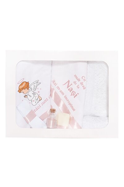 Recostore Trusou botez cu ingeras, alb-roz pudrat, mesaj „De azi sunt crestin...