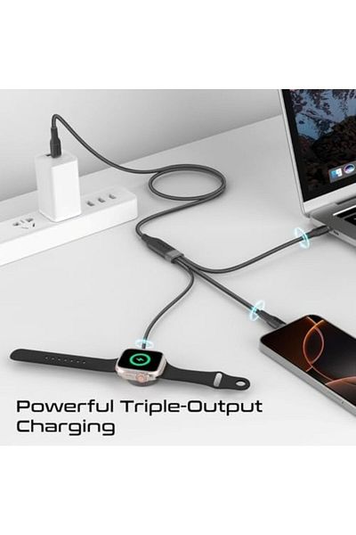 Promate كابل شحن متعدد الأجهزة مع مخرجين USB-C PD100W، شاحن متوافق مع Apple Watch،