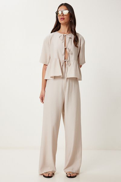 Lovelyİstanbul Blouse Trousers Suit with Binding Detail Taş Lrv0099