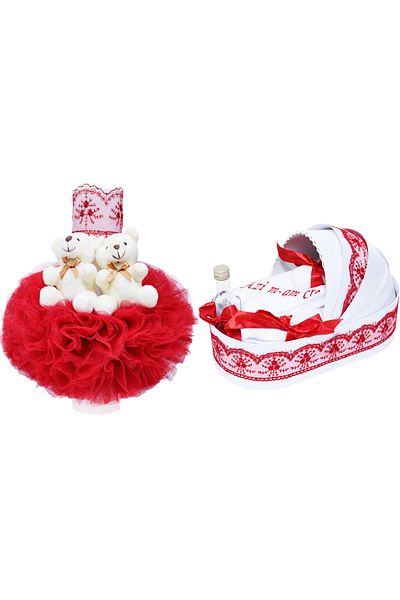 Recostore Set complet botez, lumanare si trusou, alb-rosu, cu mesaj „Azi m-am crestinat”, 7 piese, REC406