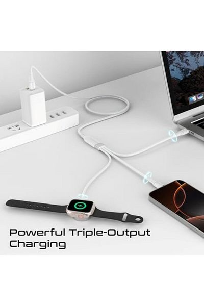 Promate كابل شحن متعدد الأجهزة مع مخرجين USB-C PD100W، شاحن متوافق مع Apple Watch،
