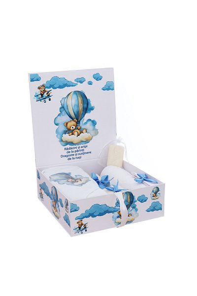 Recostore Trusou botez, 8 piese, cu Ursuletul cu baloane, bleu, REC3077