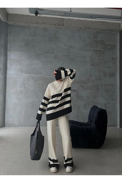 NZL TEKSTİL Dgn's Yumoş Striped 2-Piece Sweater Pants Suit