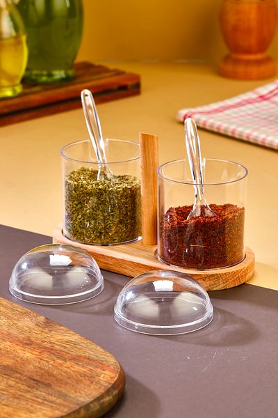 Espas Home 2-Piece Spice Jar Set with Spoon and Transparent Lid and Wooden Stand