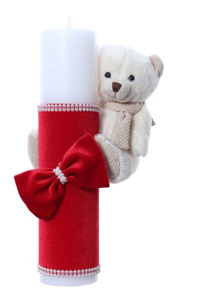 Recostore Lumanare botez catifea rosie si ursulet de plus, 28 cm, REC2163