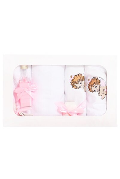 Recostore Trusou botez brodat cu ingeras, alb-roz, 7 piese,REC1759