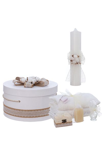 Recostore Trusou si lumanare botez, floare de bumbac, 10 piese, alb, REC3116