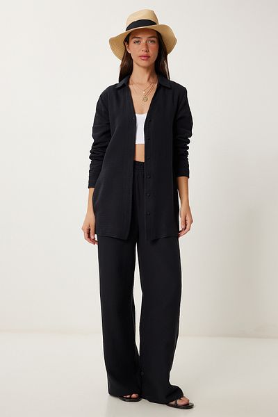 Lovelyİstanbul Linen Muslin Shirt Pants Suit Black Lcr0078