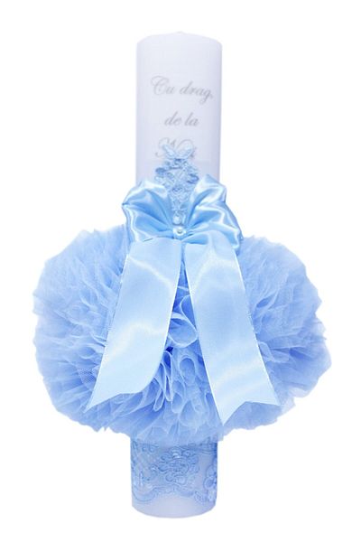 Recostore Lumanare bleu „Cu drag, de la Nasi” botez, cu tulle bleu, 40x7 cm, REC91