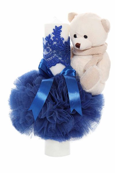 Recostore Lumanare botez cu tulle albastru electric si cu ursulet de plus atasat, 35x7 cm,REC1861