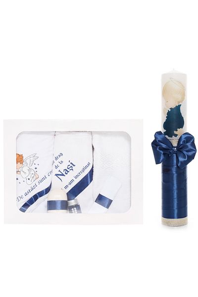 Recostore Set trusou si lumanare cu ingeras botez, alb-bleumarin, 7 piese,REC1750