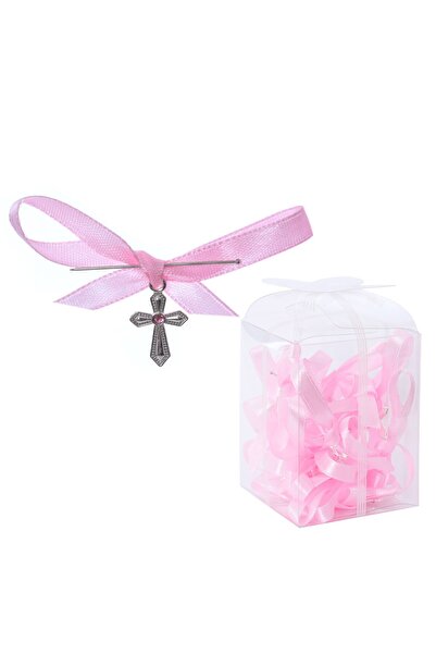 Recostore Set 20 marturii, cruciulite biserica din metal cu bolduri si cutiuta, funda roz, REC1968/57