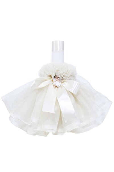 Recostore Lumanare crem botez, cu ingeras, volane din tulle crem si funda, 30...