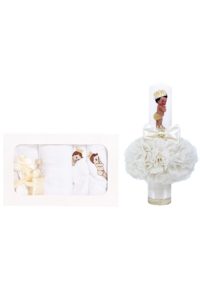 Recostore Set trusou si lumanare botez, bebe print, alb-ivoire, 8 piese,REC1881
