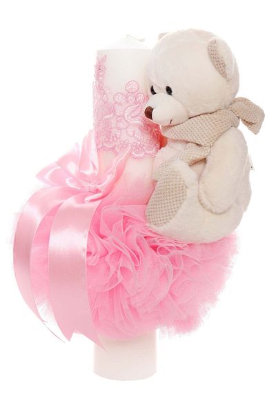 Recostore Lumanare botez cu tulle roz si cu ursulet de plus atasat, 35x7 cm,REC1855