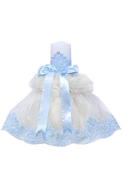 Recostore Κερί με μπλε βαπτιστικό φιόγκο και κρεμ τούλι, 45x7 cm, REC207