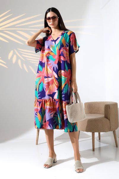 ÖNE BUTİK WOMEN'S SUMMER SHORT SLEEVE VISCOSE RUBBERED POCKET DRESS LIKAPA