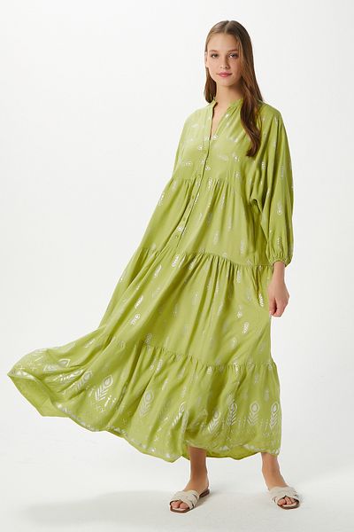 Ritnice Modest Women's Aliza Silver Detail 100% Viscose Green Maxi Length Summer Dress