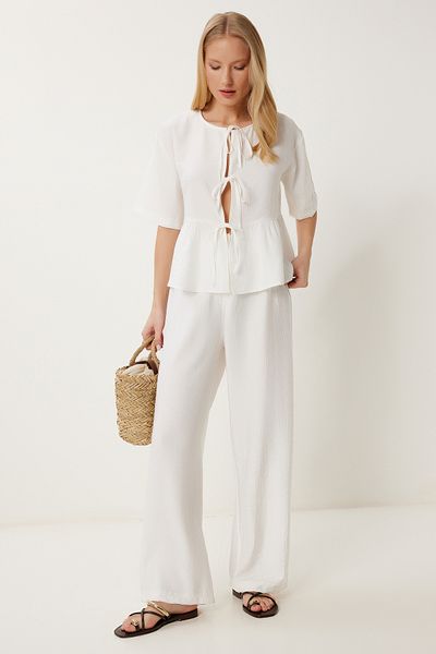 Lovelyİstanbul Set pantaloni bluză cu detaliu de legare ECRU LRV0099