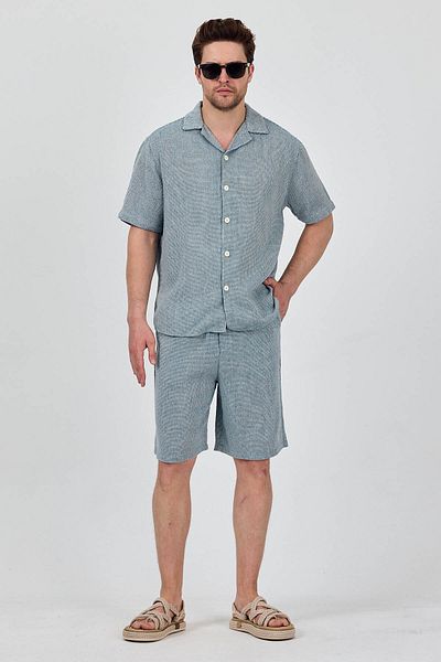 Cosplay Men's Petrol Linen Look Summer Shorts Suit - Shirt & Shorts Two-Piece Combination