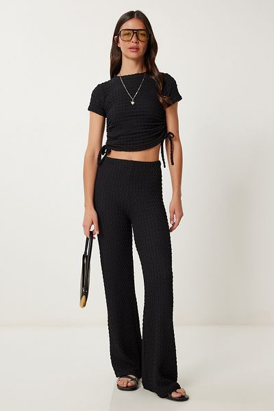 Lovelyİstanbul Textured Flexible Blouse Pants Suit Black Lzv0011