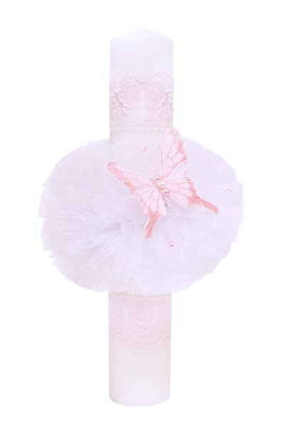 Recostore Lumanare botez, cu fluturi, tulle alb si roz, 40x6 cm, REC1257