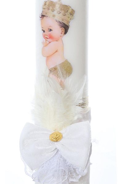 Recostore Lumanare botez catifea alba si bebe print, 35 cm, REC2176