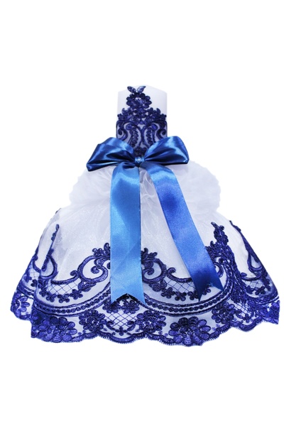 Recostore Lumanare cu funda bleumarin botez si tulle alb, 45x7 cm, REC208