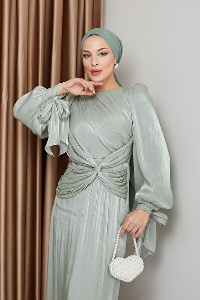 Olcay Ανοιχτό πράσινο Yoryo Silk Hijab βραδινό φόρεμα - Λεπτομέρεια βολάν και φιόγκος, δεμένο μανίκι 1224