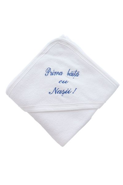 Recostore Prosop alb-albastru "Prima baita cu nasii" cu capison bebelusi, 75x75 cm, REC2449