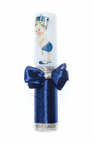 Recostore Lumanare botez cu Bebe Print panglica Bleumarin, REC2212