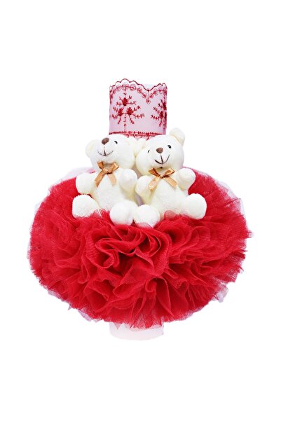 Recostore Lumanare rosie cu ursuleti botez, tulle rosu si broderie, 20x7 cm, ...