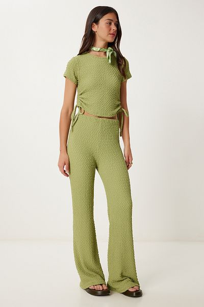 Lovelyİstanbul Textured Flexible Blouse Pants Suit Peanut Green Lzv0011