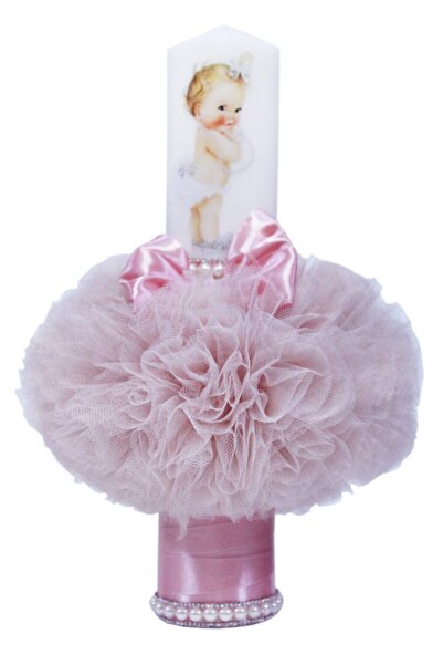 Recostore Lumanare roz pudrat deschis botez, cu bebe printesa, 35x7 cm, REC81