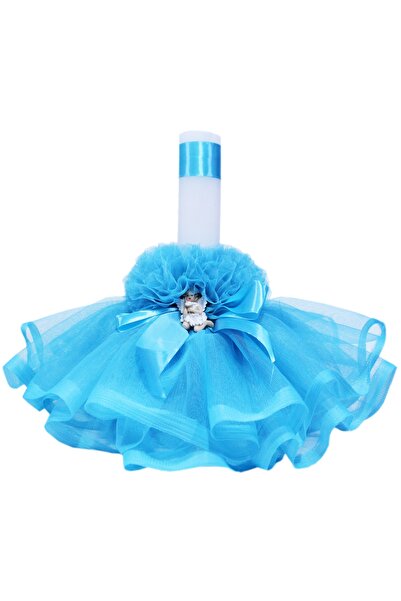 Recostore Lumanare turcoaz botez, cu ingeras, volane din tulle turcoaz, 30x5 ...