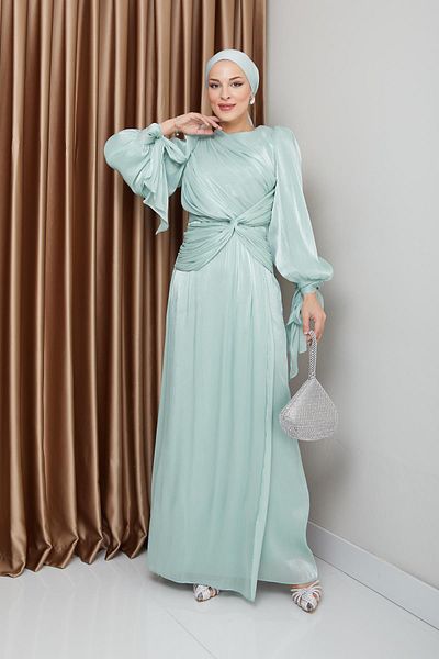 Olcay Yoryo Seiden-Hijab-Abendkleid – Volant- und Schleifendetail, Ärmelschnürkleid MİNT 1224