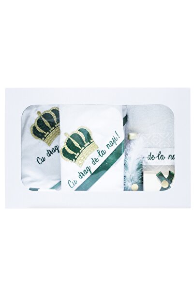 Recostore Trusou alb cu coroana de print verde „Cu drag de la nasi” botez, 7 ...