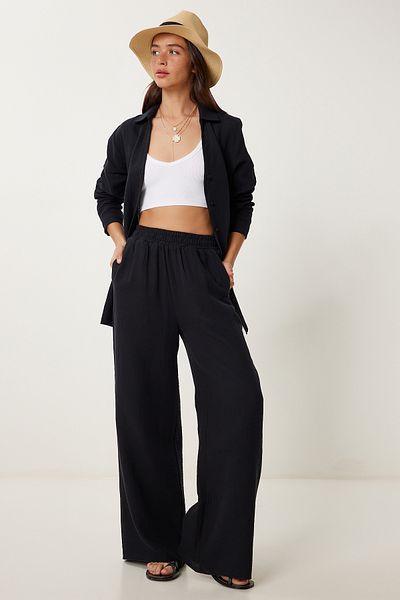 Lovelyİstanbul Linen Muslin Shirt Pants Suit Black Lcr0078