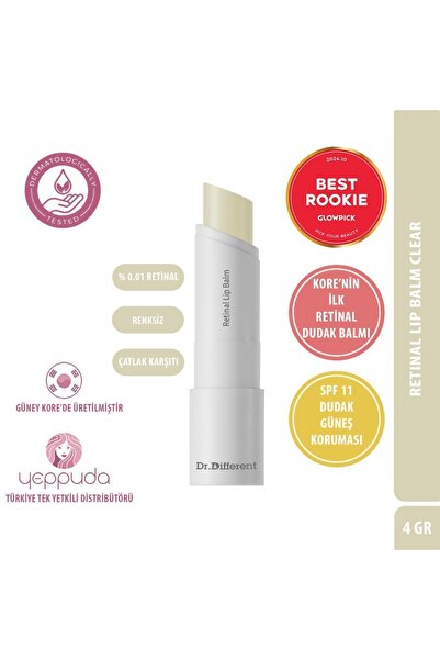 Dr.Different Retinal Lip Balm Clear-Çatlak Karşıtı %0.01 Retinal İçeren Renksiz Dudak Balmı(SPF11 Güneş Koruması)